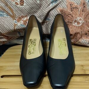 Salvatore Ferragamo Gunmetal Blue Black Leather Block Heels with Metal Logo